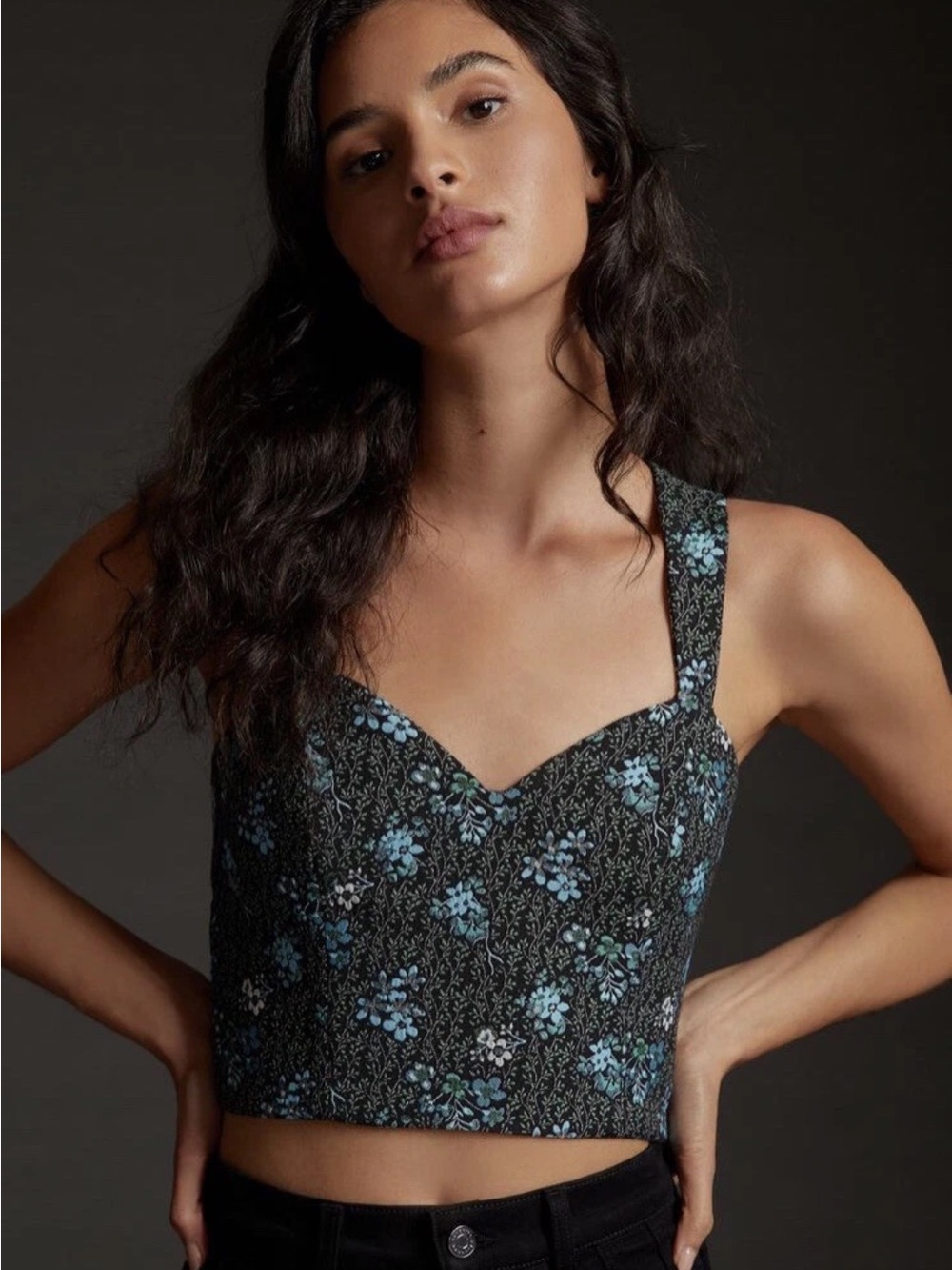 Sachin & Babi x Anthropologie XL Floral Jacquard Twist Back Crop Top Black Blue